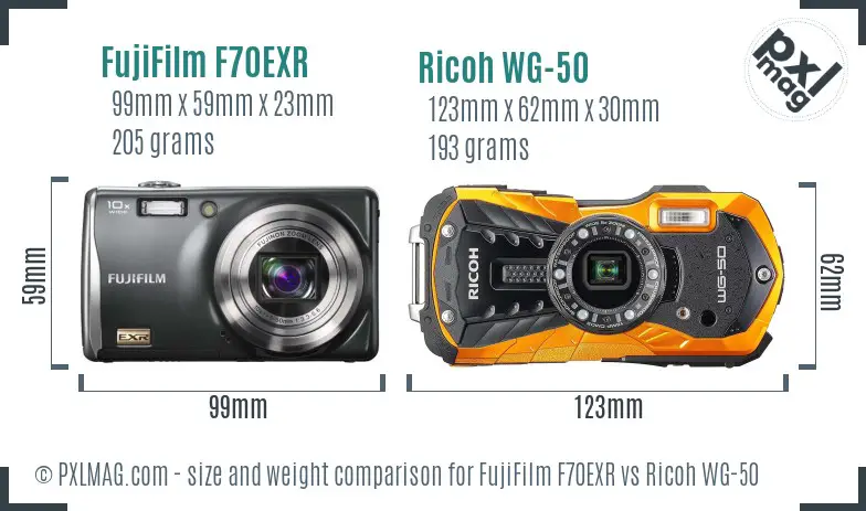 FujiFilm F70EXR vs Ricoh WG-50 size comparison