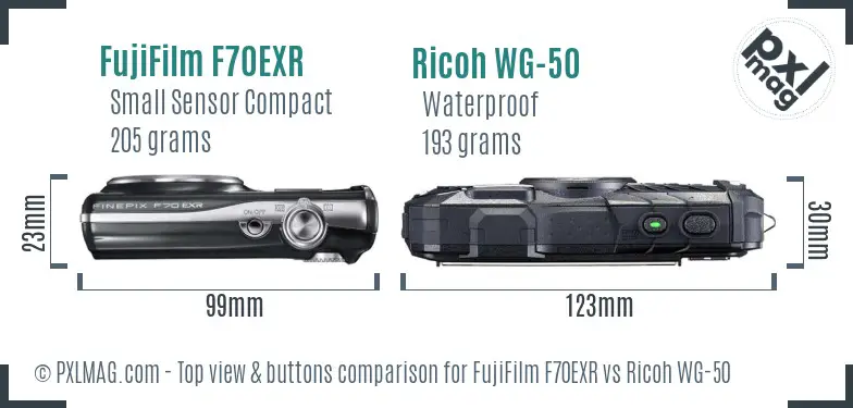 FujiFilm F70EXR vs Ricoh WG-50 top view buttons comparison