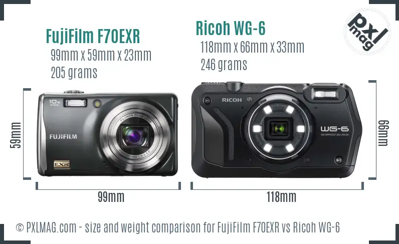 FujiFilm F70EXR vs Ricoh WG-6 size comparison