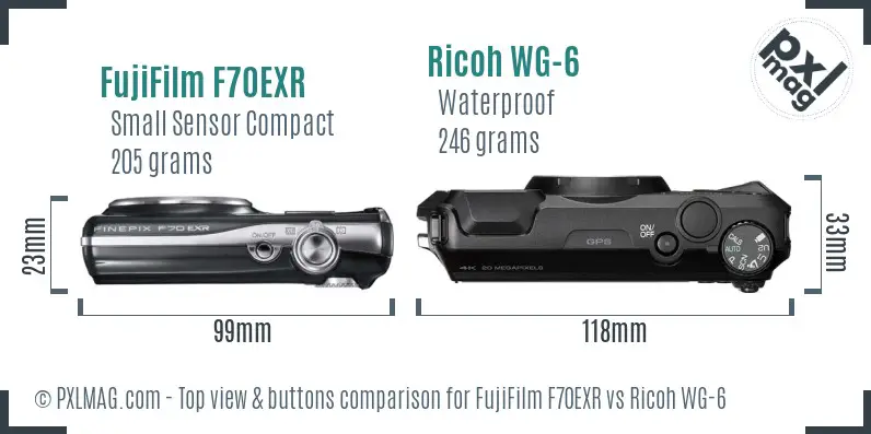 FujiFilm F70EXR vs Ricoh WG-6 top view buttons comparison