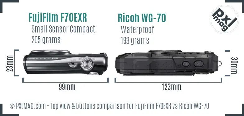 FujiFilm F70EXR vs Ricoh WG-70 top view buttons comparison