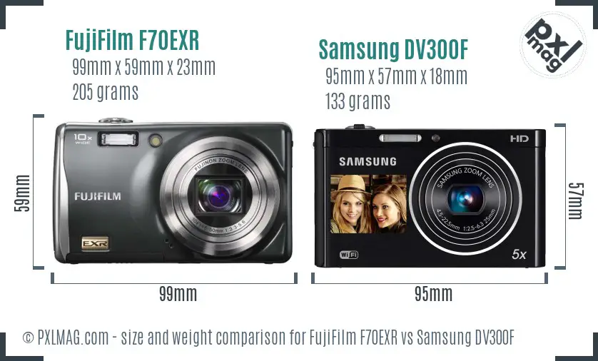 FujiFilm F70EXR vs Samsung DV300F size comparison