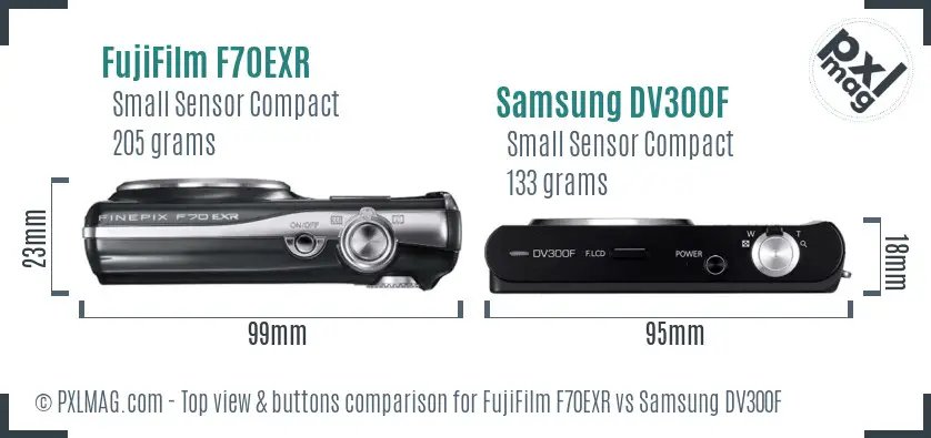 FujiFilm F70EXR vs Samsung DV300F top view buttons comparison
