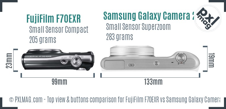 FujiFilm F70EXR vs Samsung Galaxy Camera 2 top view buttons comparison