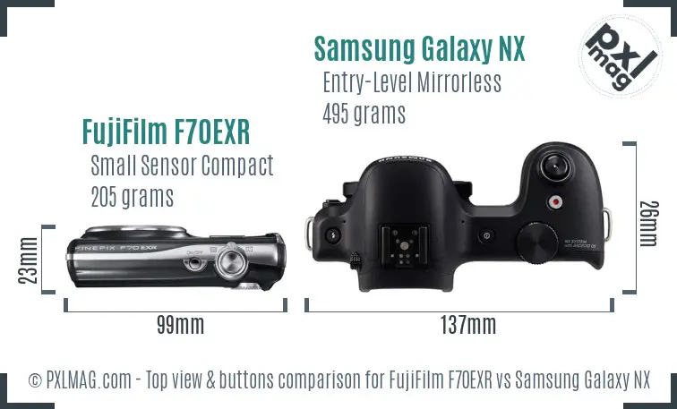 FujiFilm F70EXR vs Samsung Galaxy NX top view buttons comparison