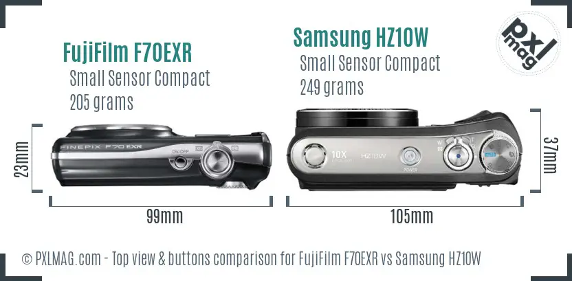 FujiFilm F70EXR vs Samsung HZ10W top view buttons comparison FujiFilm F70EXR vs Samsung HZ10W top view buttons comparison