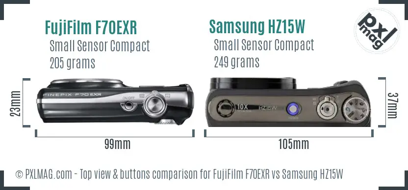 FujiFilm F70EXR vs Samsung HZ15W top view buttons comparison