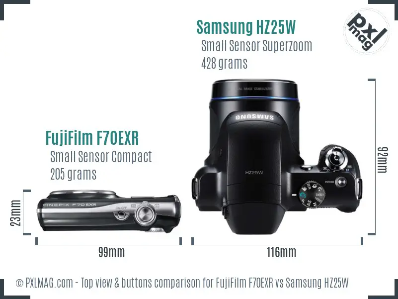 FujiFilm F70EXR vs Samsung HZ25W top view buttons comparison