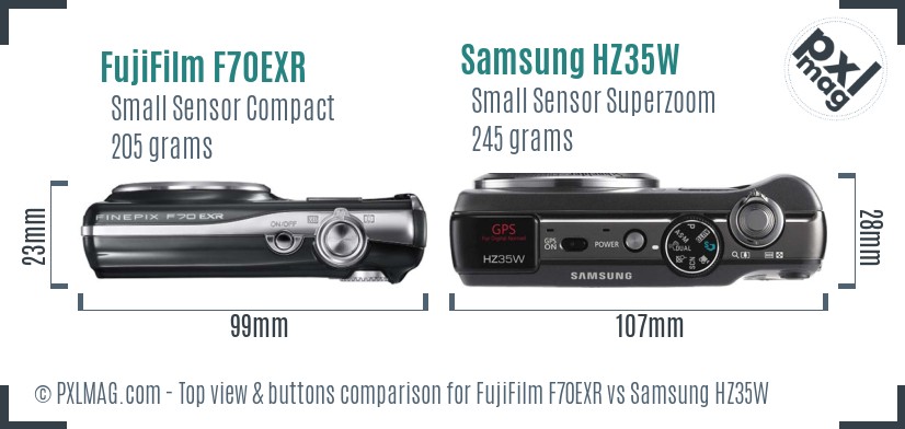 FujiFilm F70EXR vs Samsung HZ35W top view buttons comparison