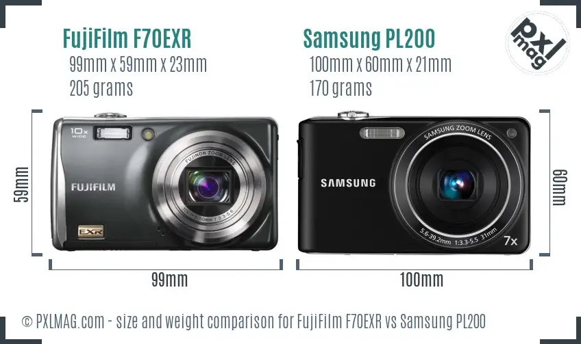 FujiFilm F70EXR vs Samsung PL200 size comparison