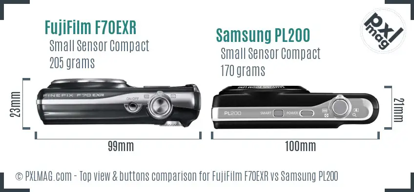 FujiFilm F70EXR vs Samsung PL200 top view buttons comparison