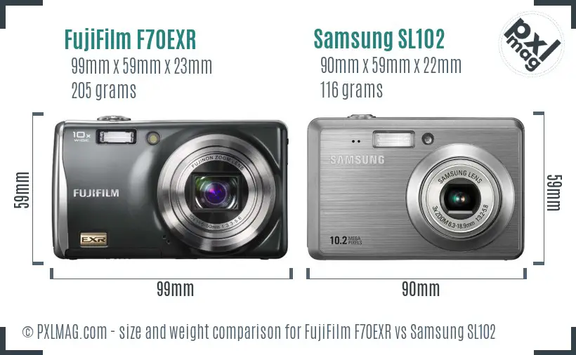 FujiFilm F70EXR vs Samsung SL102 size comparison