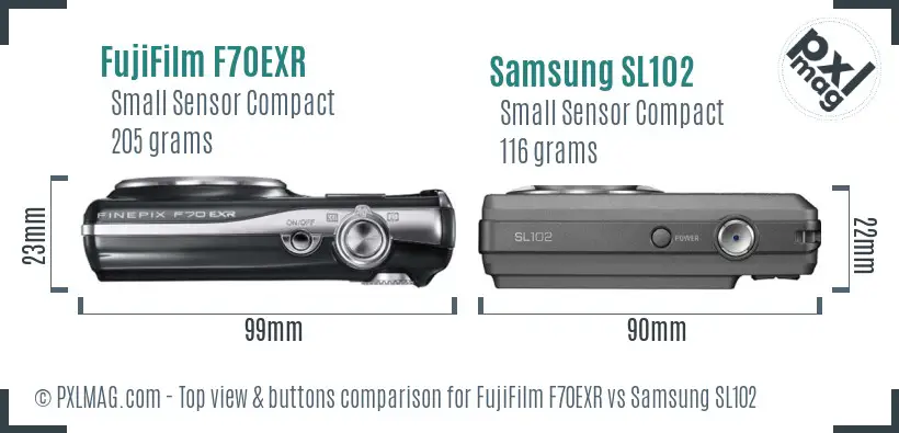 FujiFilm F70EXR vs Samsung SL102 top view buttons comparison