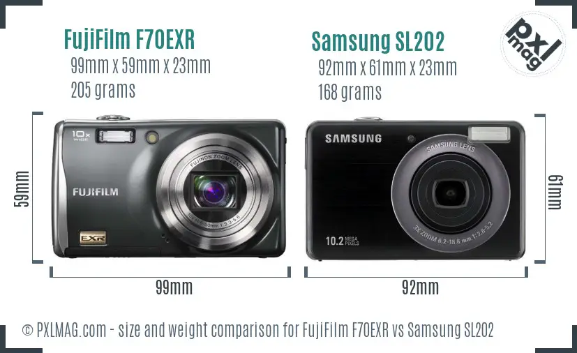 FujiFilm F70EXR vs Samsung SL202 size comparison