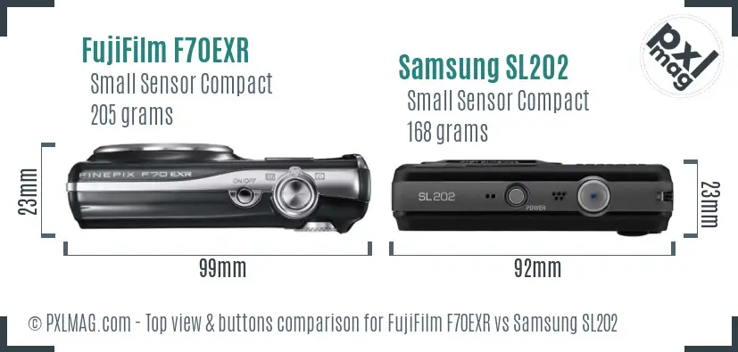 FujiFilm F70EXR vs Samsung SL202 top view buttons comparison