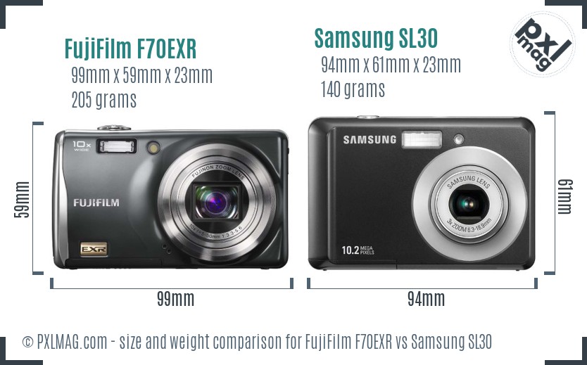 FujiFilm F70EXR vs Samsung SL30 size comparison FujiFilm F70EXR vs Samsung SL30 size comparison
