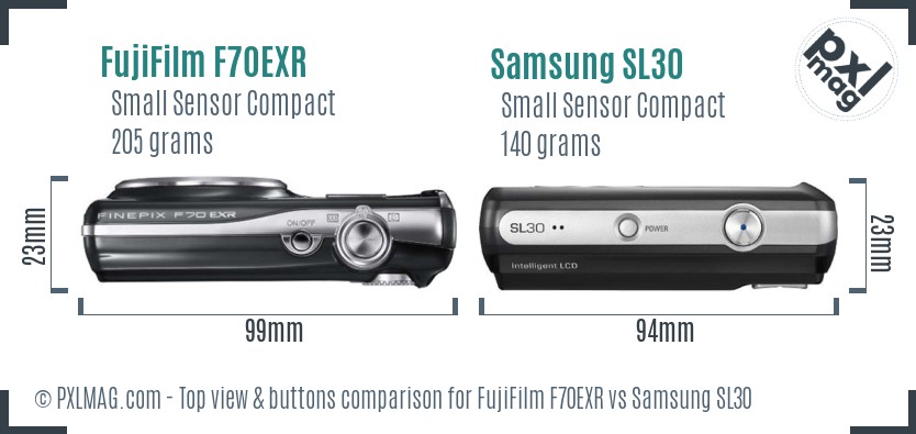 FujiFilm F70EXR vs Samsung SL30 top view buttons comparison
