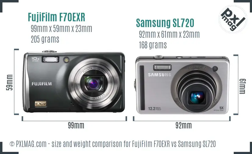 FujiFilm F70EXR vs Samsung SL720 size comparison