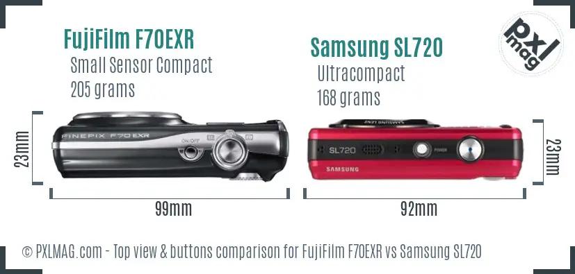 FujiFilm F70EXR vs Samsung SL720 top view buttons comparison