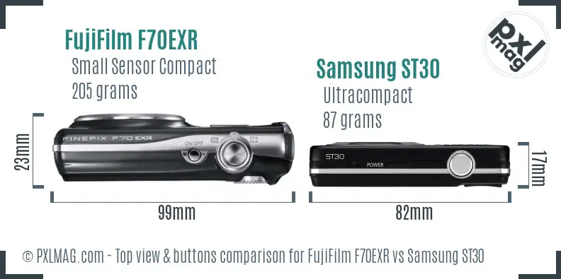 FujiFilm F70EXR vs Samsung ST30 top view buttons comparison