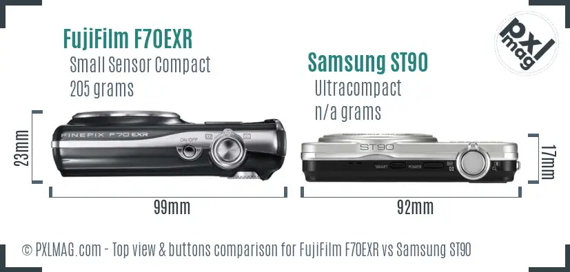 FujiFilm F70EXR vs Samsung ST90 top view buttons comparison