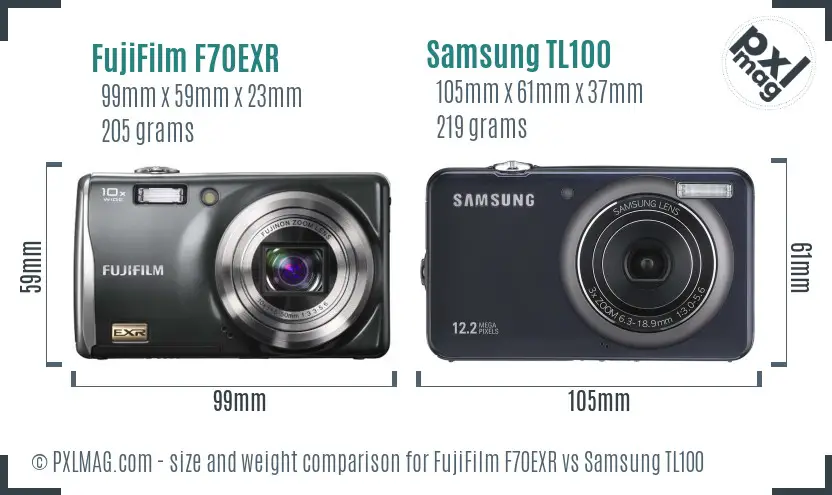 FujiFilm F70EXR vs Samsung TL100 size comparison