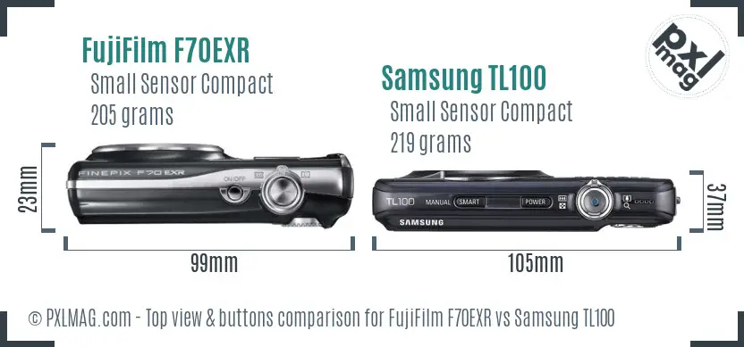 FujiFilm F70EXR vs Samsung TL100 top view buttons comparison