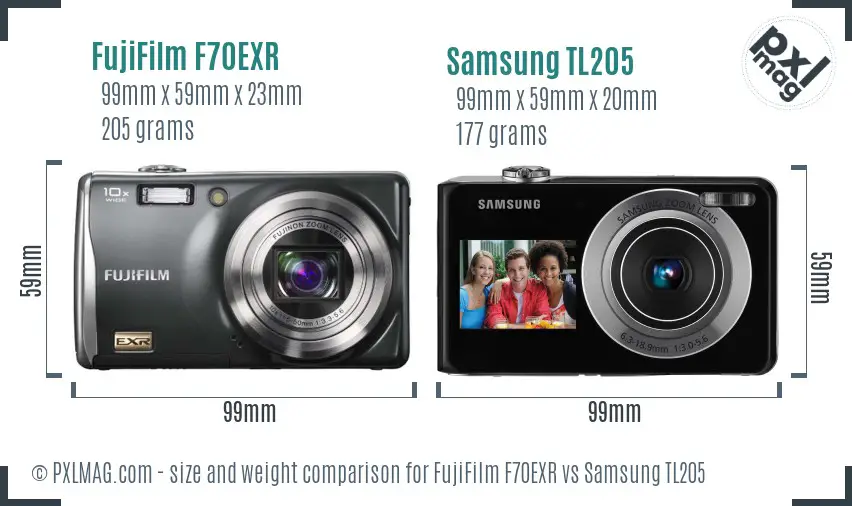FujiFilm F70EXR vs Samsung TL205 size comparison FujiFilm F70EXR vs Samsung TL205 size comparison