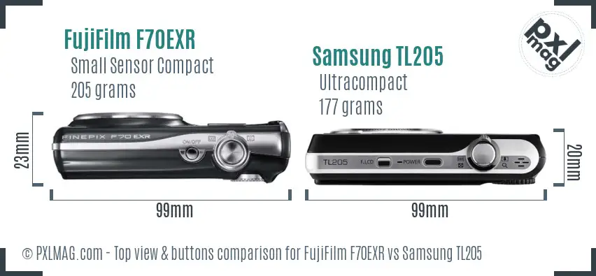 FujiFilm F70EXR vs Samsung TL205 top view buttons comparison FujiFilm F70EXR vs Samsung TL205 top view buttons comparison