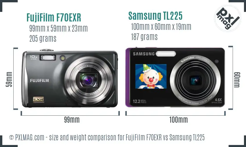 FujiFilm F70EXR vs Samsung TL225 size comparison