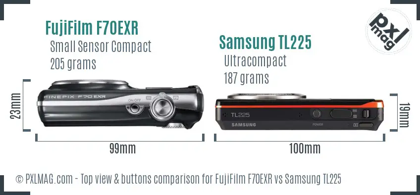 FujiFilm F70EXR vs Samsung TL225 top view buttons comparison