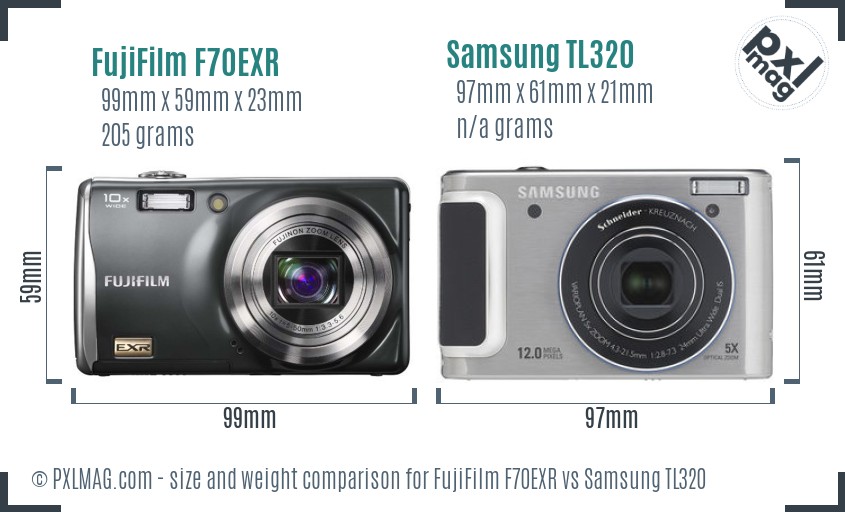 FujiFilm F70EXR vs Samsung TL320 size comparison