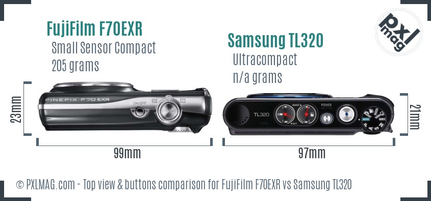 FujiFilm F70EXR vs Samsung TL320 top view buttons comparison