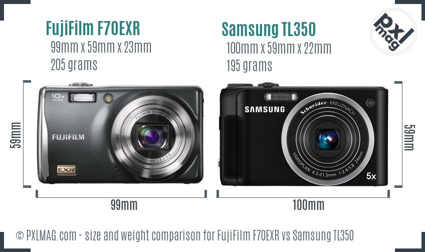 FujiFilm F70EXR vs Samsung TL350 size comparison