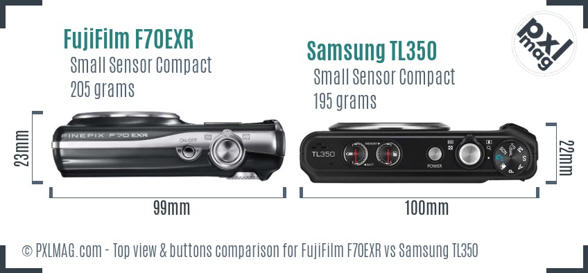 FujiFilm F70EXR vs Samsung TL350 top view buttons comparison
