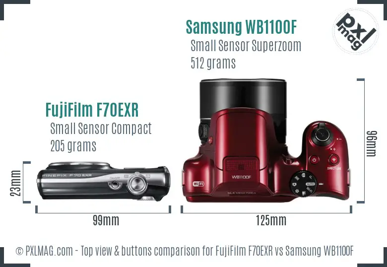 FujiFilm F70EXR vs Samsung WB1100F top view buttons comparison FujiFilm F70EXR vs Samsung WB1100F top view buttons comparison