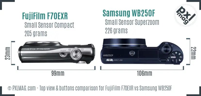 FujiFilm F70EXR vs Samsung WB250F top view buttons comparison
