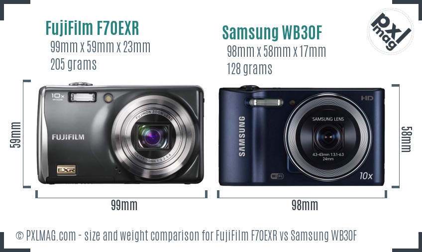 FujiFilm F70EXR vs Samsung WB30F size comparison