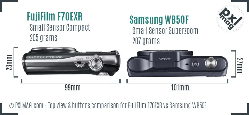 FujiFilm F70EXR vs Samsung WB50F top view buttons comparison FujiFilm F70EXR vs Samsung WB50F top view buttons comparison