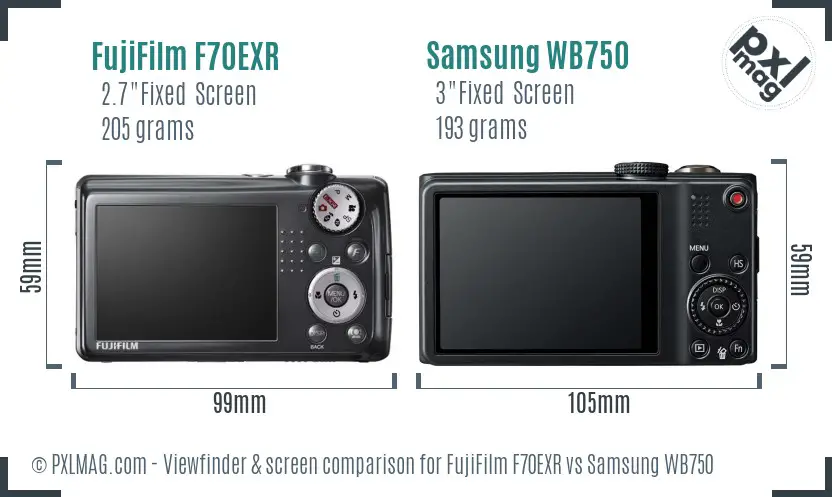 FujiFilm F70EXR vs Samsung WB750 Screen and Viewfinder comparison