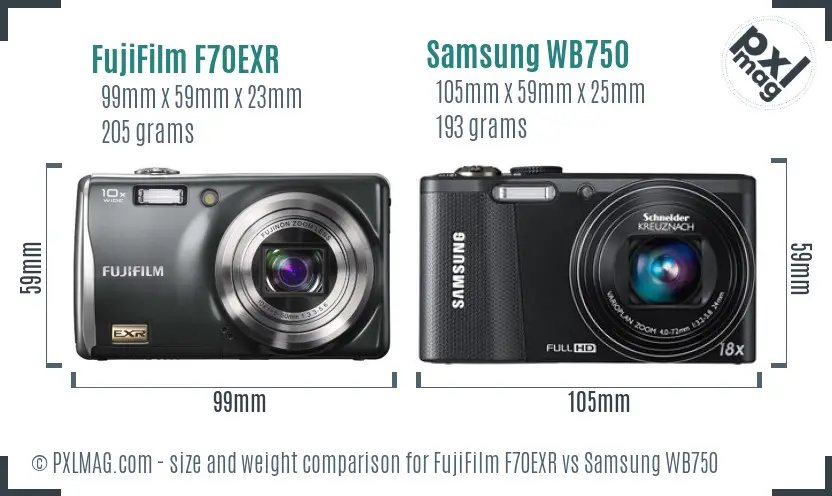 FujiFilm F70EXR vs Samsung WB750 size comparison