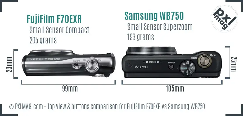 FujiFilm F70EXR vs Samsung WB750 top view buttons comparison