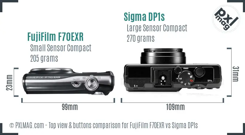 FujiFilm F70EXR vs Sigma DP1s top view buttons comparison