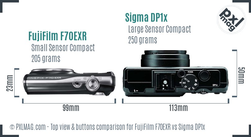 FujiFilm F70EXR vs Sigma DP1x top view buttons comparison
