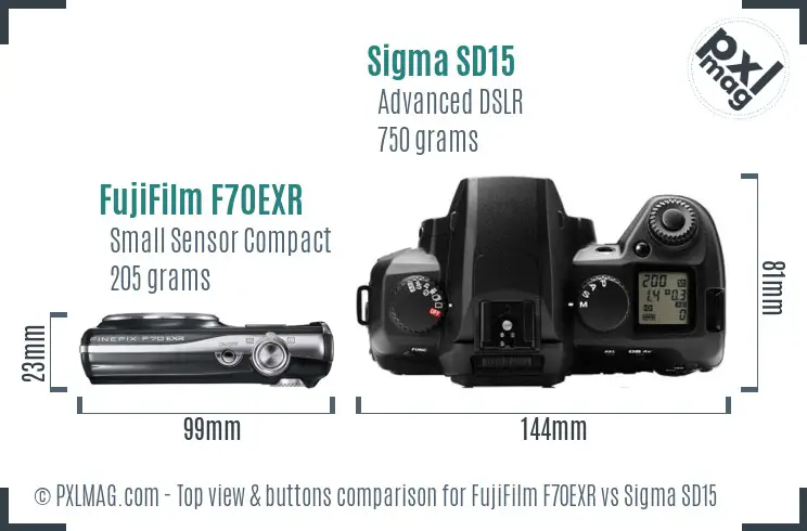 FujiFilm F70EXR vs Sigma SD15 top view buttons comparison FujiFilm F70EXR vs Sigma SD15 top view buttons comparison