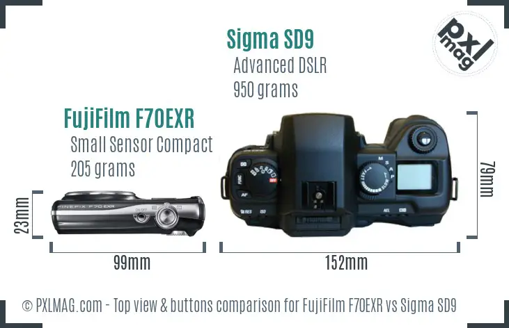 FujiFilm F70EXR vs Sigma SD9 top view buttons comparison