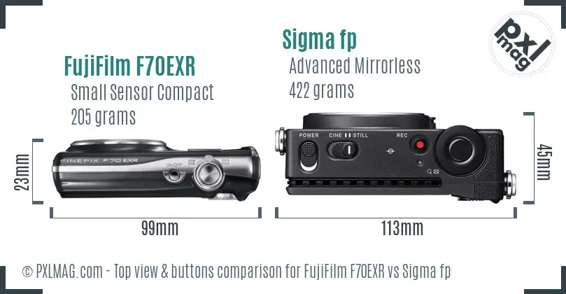 FujiFilm F70EXR vs Sigma fp top view buttons comparison FujiFilm F70EXR vs Sigma fp top view buttons comparison