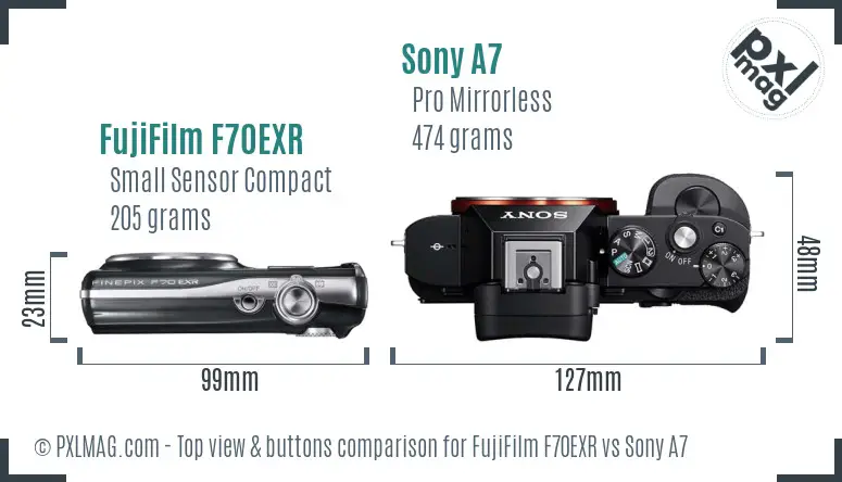 FujiFilm F70EXR vs Sony A7 top view buttons comparison
