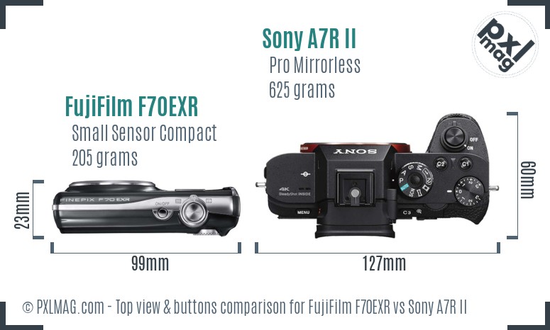 FujiFilm F70EXR vs Sony A7R II top view buttons comparison