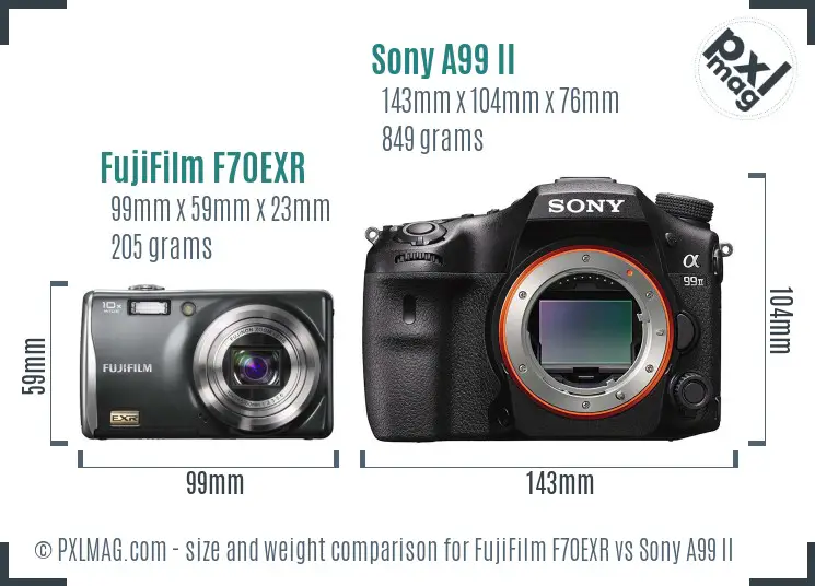 FujiFilm F70EXR vs Sony A99 II size comparison